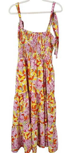 THML Smocked Midi Dress Tropical Floral Tiered Tie Straps Size Large Orange thumbnail 1