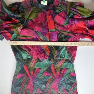 Farm Rio Tropical Palm‎ Leaf Smocked Puff Sleeve Mini Dress XL Vacation Resort thumbnail 12