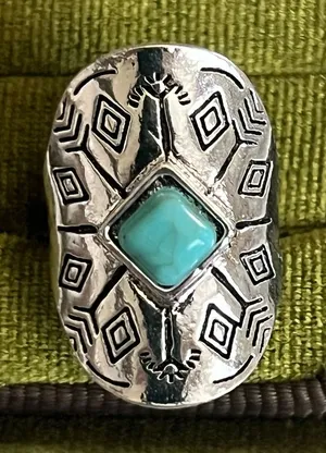 Bohemian/Aztec Blue Turquoise Stainless Steel Silver Statement Ring Size 6 thumbnail 1