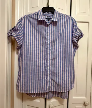 Tommy Hilfiger Women's Relaxed Fit Striped Short Sleeve Button-Down Shirt thumbnail 1