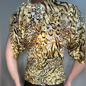 Cache Vintage 1980s Gold Cheetah Print Silk Dolman‎ Blouse Cinched Waist Women S thumbnail 5