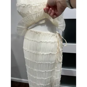 Cream Pleated boho Halter top Maxi skirt ruffle Tiered Open Back Resort‎ S thumbnail 3