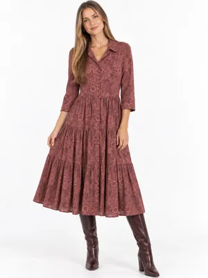 Morris & Co x H&M 6 William Morris Floral Tiered Midi Shirt Dress Burgundy Fall thumbnail 4
