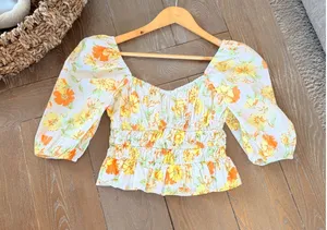 Faithfull‎ The Brand Floral Smocked Puff Sleeve Top Womens Yellow Orange Size S thumbnail 1