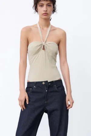 ZARA BODYSUITS | RIBBED HALTER BODYSUIT Sand thumbnail 3