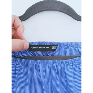 Zara Tiered Ruffle Off Shoulder Top XS Blue Pinstripe Retro European Coastal thumbnail 6