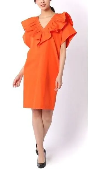 Tela Dress Women XS Orange Cotton Poplin Ruffle V-Neck Cap‎ Sleeve Shift Mini thumbnail 1