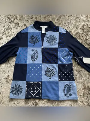 Essentials Navy and Light Blue Patchwork Embellished Zip Jacket Size 1X thumbnail 9