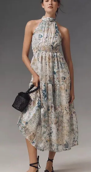 Anthropologie Somerset Halter Maxi Dress Smocked Waist Blue Floral Size Small thumbnail 1