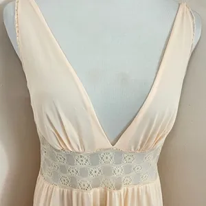 Vintage 70’s Peach Nylon & Lace Maxi NightGown Plunging Neckline L thumbnail 3