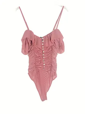 NWT Lulus Elegant Posture Mauve Pink Mesh Ruched Cold-Shoulder Bodysuit Size XS thumbnail 2