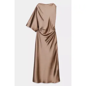 Zara Brown Satin Dress Flow Asymmetrical One Shoulder Formal Wedding Runway thumbnail 2