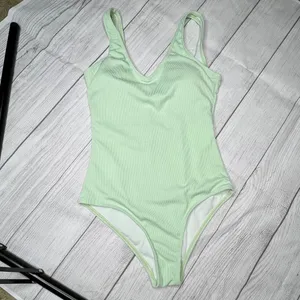 Zaful Sage Green Crinkle Ribbed One Piece Deep Scoop Neck One Piece Swimsuit S thumbnail 5