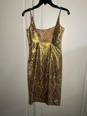 Vintage Y2K Tracy Reese Silk Gold Metallic Snakeskin Mini Party Dress thumbnail 9