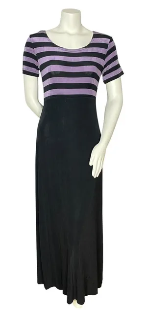Vintage Slinky Dress 90s Stripes Empire Waist Short Sleeves Stretchy Maxi Retro thumbnail 1