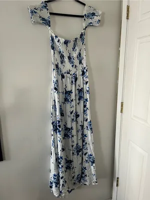 Altar'd State Blue White Floral Smocked Maxi Dress Medium Coastal Euro Summer thumbnail 8