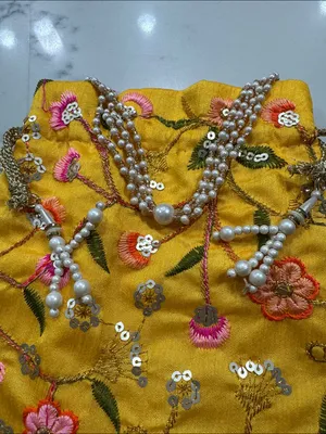 Yellow Floral Embroidered Indian potli Bag thumbnail 2
