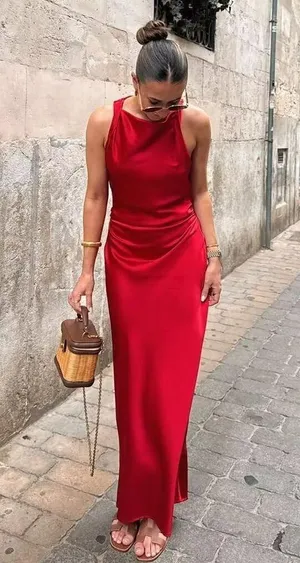 ZARA dress Maxi Red satin Lingerie Fitted wedding Party thumbnail 6