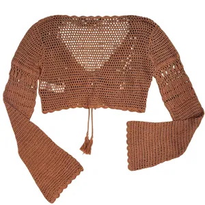 Forever 21 Retro Crochet Knit Bell Sleeves Crop Top 100% Cotton Size Small Brown thumbnail 5