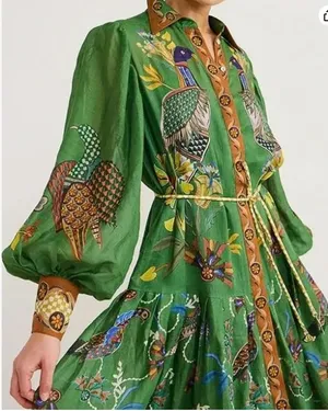Women Dress A-Line Retro Printed Lantern Sleeve Long Dress with Belt small thumbnail 2