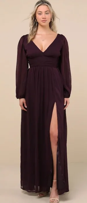 NWOT Lulus Enchant My Love Dark Purple V-Neck Long Sleeve Maxi Dress Size S thumbnail 1