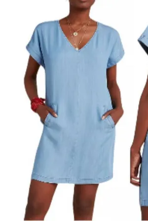 PORRIDGE Light Wash Blue Chambray Pockets Button Back‎ V-Neck Mini Dress Size S thumbnail 1