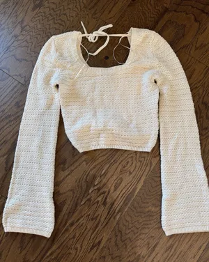 Hollister white Crochet Tie-Back Long Sleeve Crop Sweater thumbnail 1