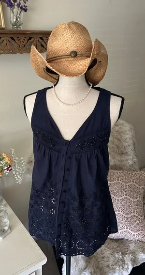 Boho western cottage navy cotton Beaded button down v neck blouse tank top M thumbnail 1