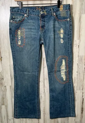 Vintage Y2k July 25 Patchwork Boho Embroidered Distressed Flare‎ Jeans Womens 31 thumbnail 1