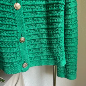LOFT Women’s Green Chunky Crochet Cardigan Long Sleeve Sweater with Gold Buttons thumbnail 4