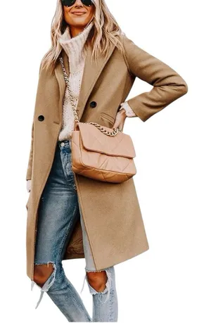 Fashion Women’s Camel Wool Blend Winter Coat Large Long Classic Elegant NWT thumbnail 1
