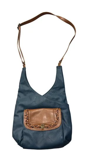 Gal Crossbody Bag Women OS Blue Tan Faux Leather‎ Braided Trim Adjustable Strap thumbnail 1