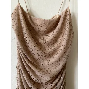 Oh Polly Ruched Rhinestone Mesh Mini Dress size 4 Sleeveless Beige thumbnail 2