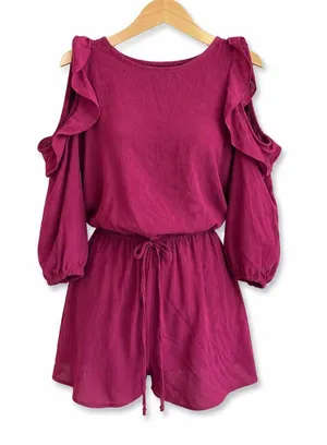 BeBop Womens Romper Size Small Burgundy‎ Wine Shorts Ruffle Keyhole NEW thumbnail 1