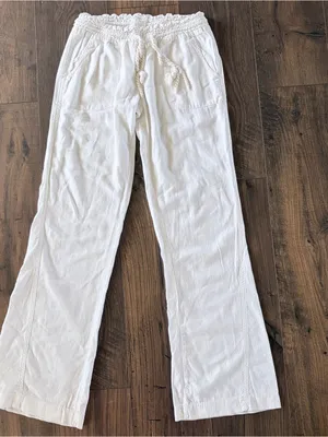 Roxy White Linen Blend Beach Pants Medium Drawstring Smocked Waist Casual thumbnail 4