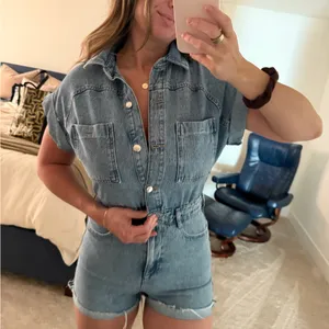Zara denim jean short sleeve romper size small! thumbnail 3