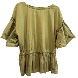Anthropologie Olive Green Ruffle Flutter Sleeve Babydoll Knit Top 100% Cotton XL thumbnail 2