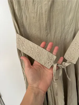 Neutral Tan Boho Belted Dress Renaissance Fair gauzy retro medium flowy thumbnail 2