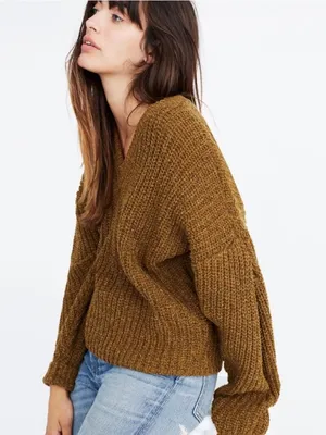 Madewell Gold Yellow Pleat Sleeve Pullover V Neck 90s Style Sweater Sz Medium thumbnail 2