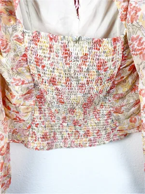 FREE PEOPLE Mabel Floral Ruching Sheer Balloon Sleeves Smocked Back Top Small thumbnail 10