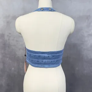 Denim Blvd‎ Halter Top Women Large Blue Stretch Crop Y2K Indie Boho Baddie Retro thumbnail 2