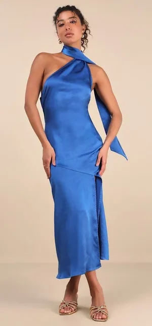 NWT Lulus Reglan Blue Satin One-Shoulder Sash Midi Dress Bridesmaid Gala Size S thumbnail 1