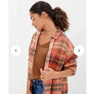 American Eagle Green Orange Plaid Fleece Flannel Oversized Button-down Shirt XS thumbnail 4