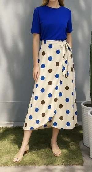 Chic Blue Tee and‎ Polka Dot Wrap Skirt Set Vintage Style Adjustable Waist S new thumbnail 1