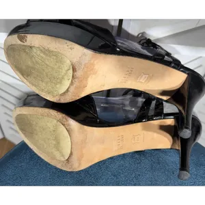 Stuart Weitzman Black Patent Leather Heels straps buckle closure platform Sz 10 thumbnail 10