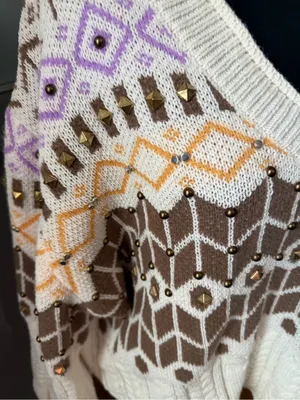 Pol x Anthropologie V Neck Studded Geometric Oversized Knit Sweater Large thumbnail 3