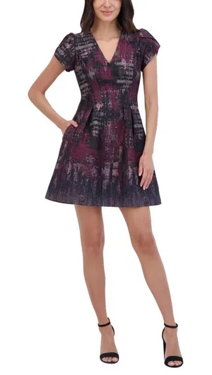 NWT Vince Camuto Womens Jacquard Fit Flare Puff Sleeve Dress VC4M5667 Wine Red 8 thumbnail 1