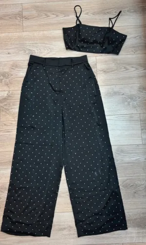 House of Harlow Black Rhinestone Crop Top & Wide Leg Pants Set – M thumbnail 1