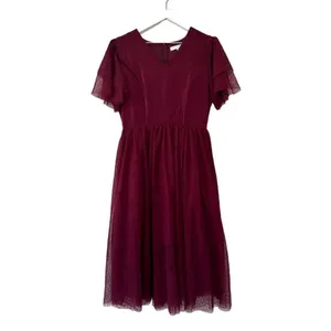 Ivy City Co Maroon Swiss Dot Flutter Sleeve Midi Dress Size Small thumbnail 2