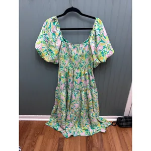 BTFBM Green Floral Puff Sleeve Cutout‎ Tiered Midi Dress Womens Large Retro Boho thumbnail 4